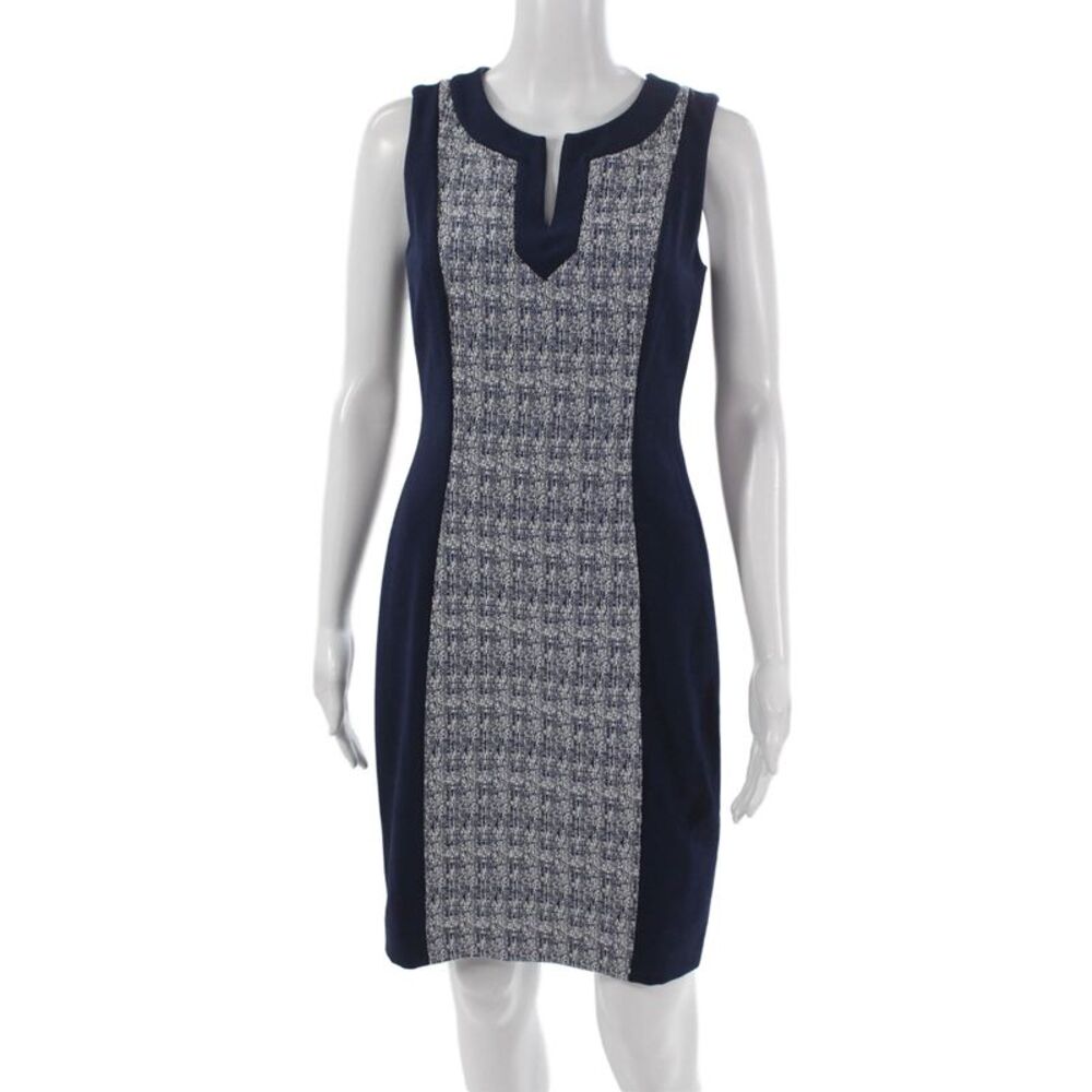 Tahari Levine Womens Sheath Dress Blue Geometric V-Neck Size 2